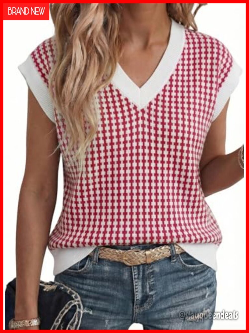 V Neck Short Sleeve Plaid Knit Tunic Top Loose Fit Summer Sweater Vest